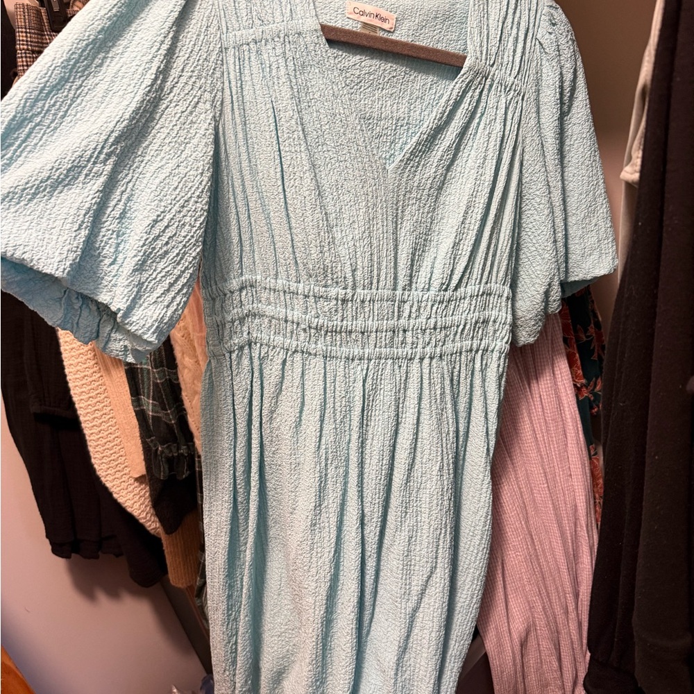 Calvin Klein Aqua Textured V-Neck Dress